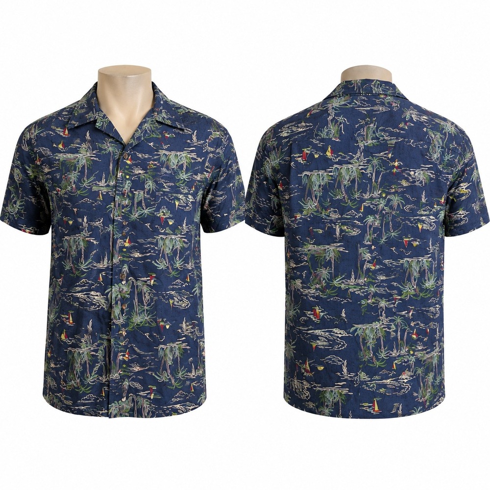 Lands' End Men XL Nautical Sailboat Hawaiian Shirt Blue Cotton Traditional Fit